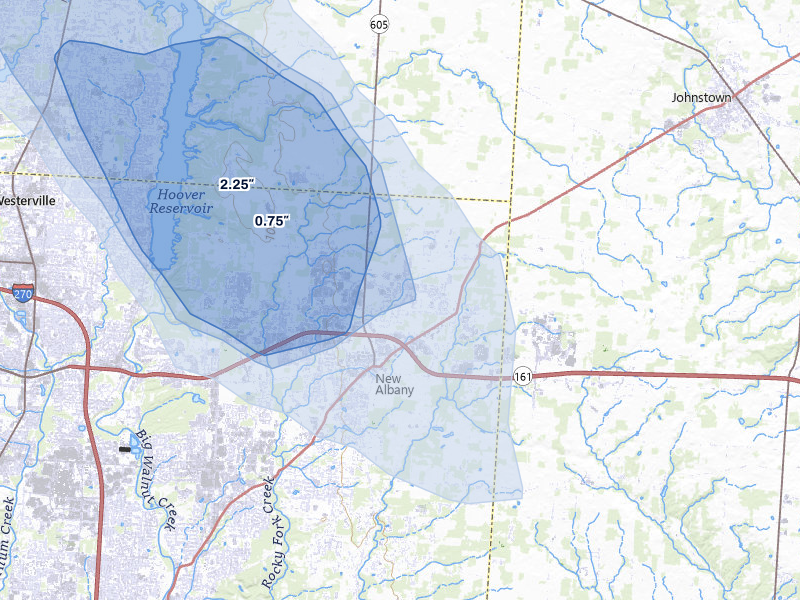 NEXRAD radar-signature map of the hail storm over New Albany, OH on Aug 8, 2026