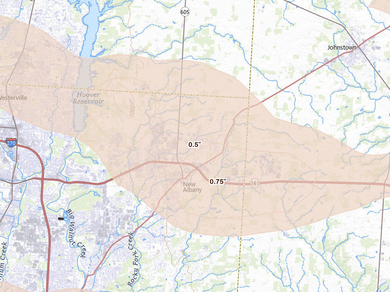 Radar-estimated hail-size map of the storm over New Albany, OH on Aug 10, 2026
