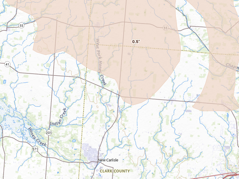 Radar-estimated hail-size map of the storm over New Carlisle, OH on Mar 22, 2026