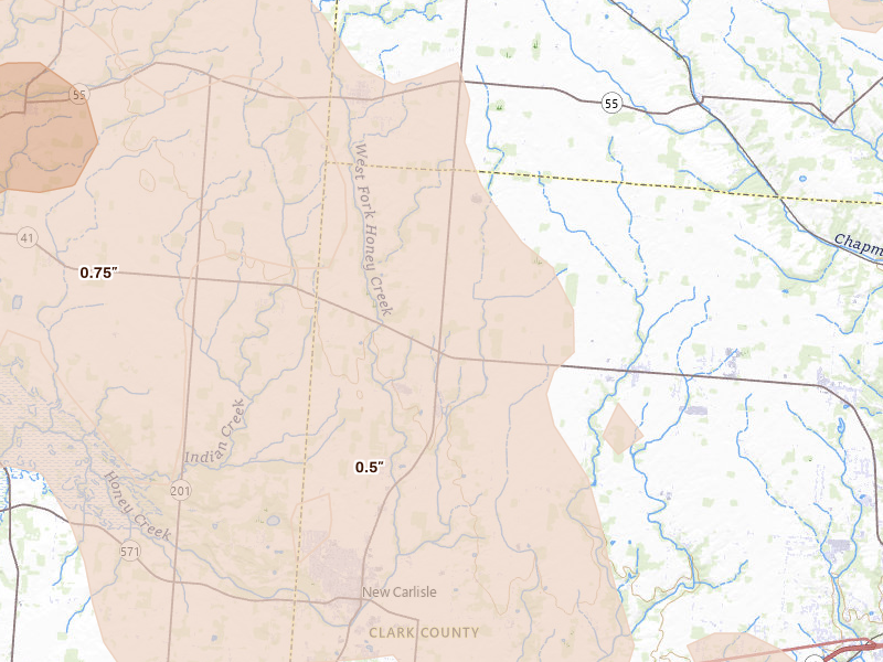 Radar-estimated hail-size map of the storm over New Carlisle, OH on Aug 11, 2026