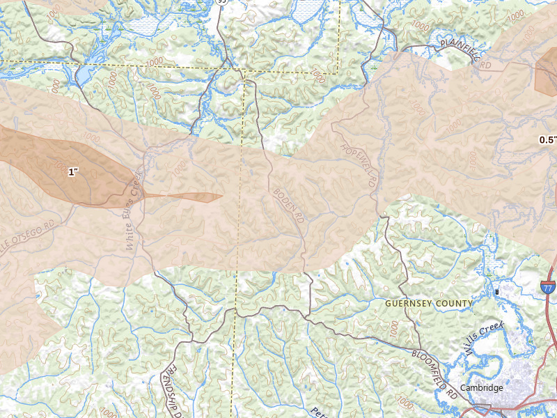 Radar-estimated hail-size map of the storm over New Concord, OH on Jun 6, 2026
