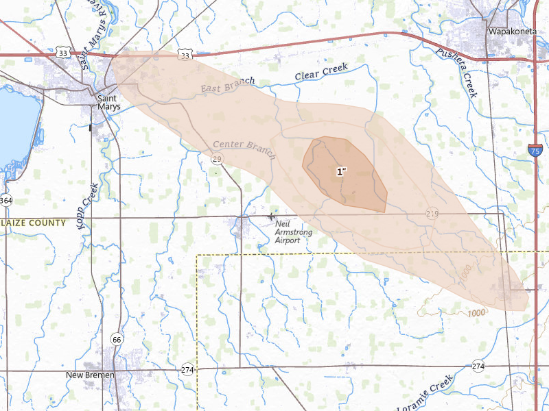 Radar-estimated hail-size map of the storm over New Knoxville, OH on Aug 12, 2026