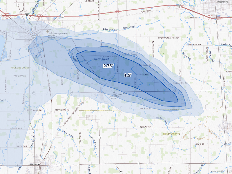 NEXRAD radar-signature map of the hail storm over New Knoxville, OH on Aug 12, 2026