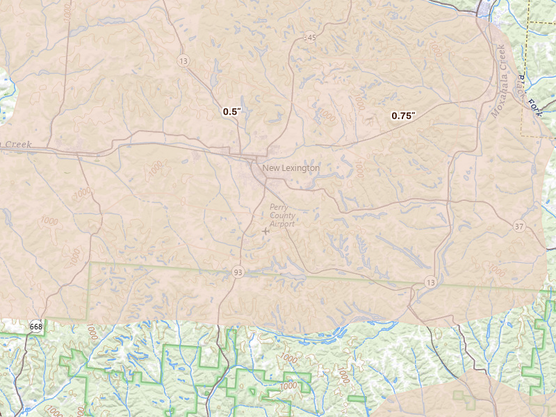 Radar-estimated hail-size map of the storm over New Lexington, OH on Aug 10, 2026