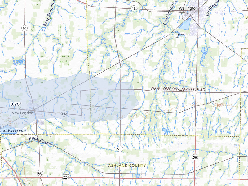 NEXRAD radar-signature map of the hail over New London, OH