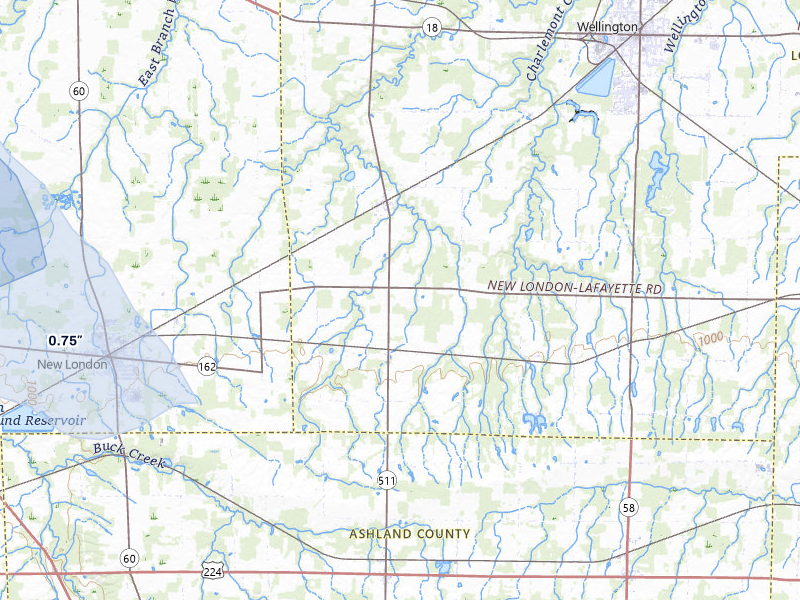 NEXRAD radar-signature map of the hail storm over New London, OH on Apr 22, 2026