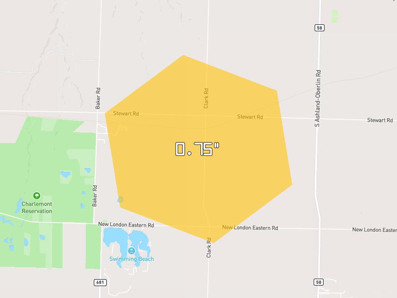 Hail map of New London, OH on Jun 6, 2026, hail up to 0.75"