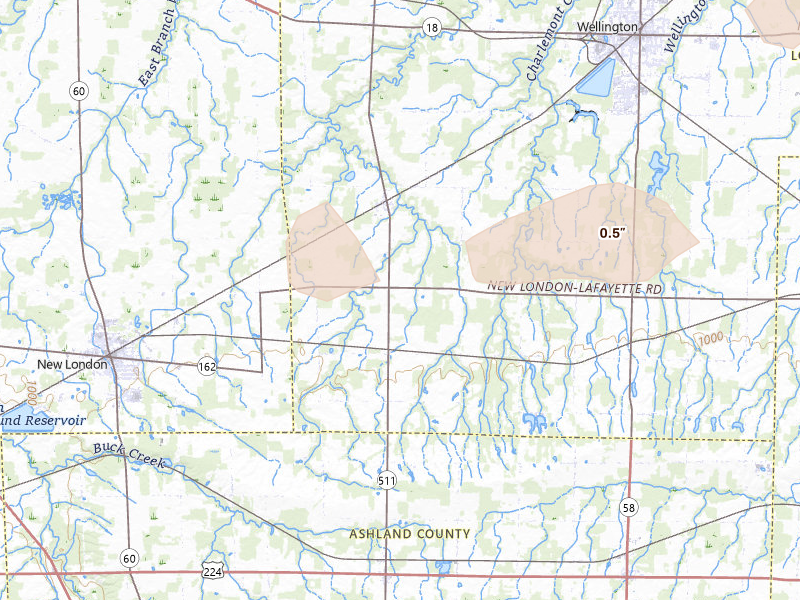 Radar-estimated hail-size map of the storm over New London, OH on Jun 10, 2026