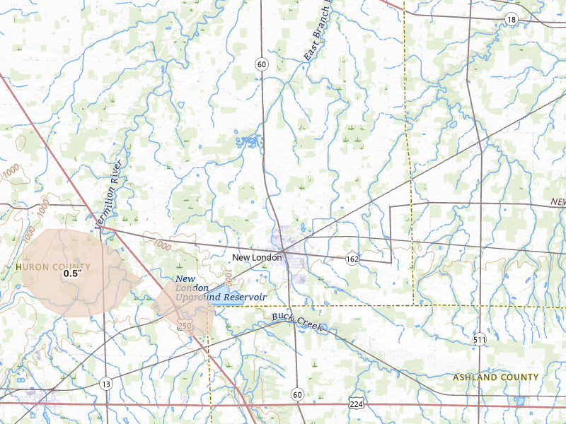 Radar-estimated hail-size map of the storm over New London, OH on Aug 10, 2026