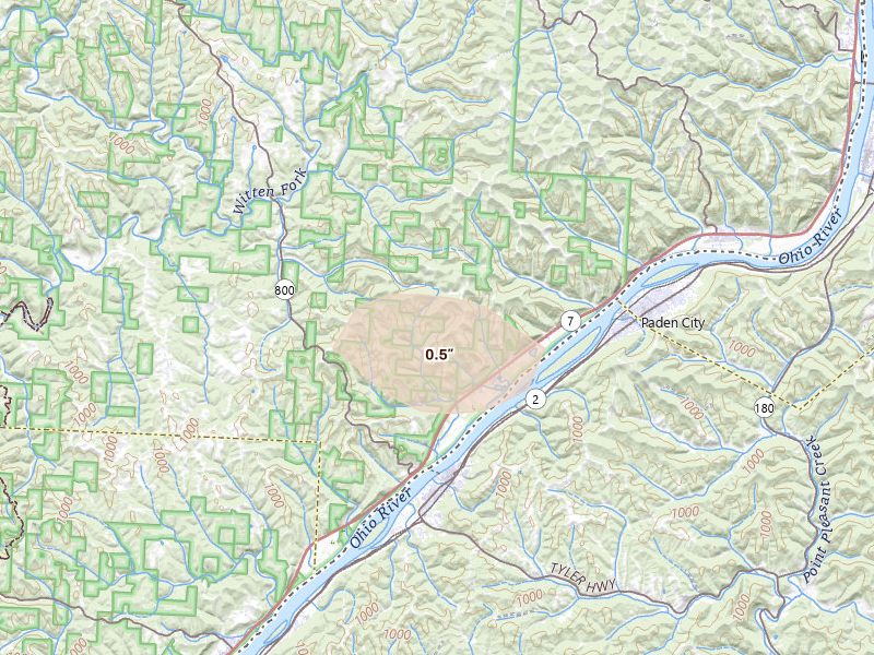 Radar-estimated hail-size map of the storm over New Matamoras, OH on May 27, 2026