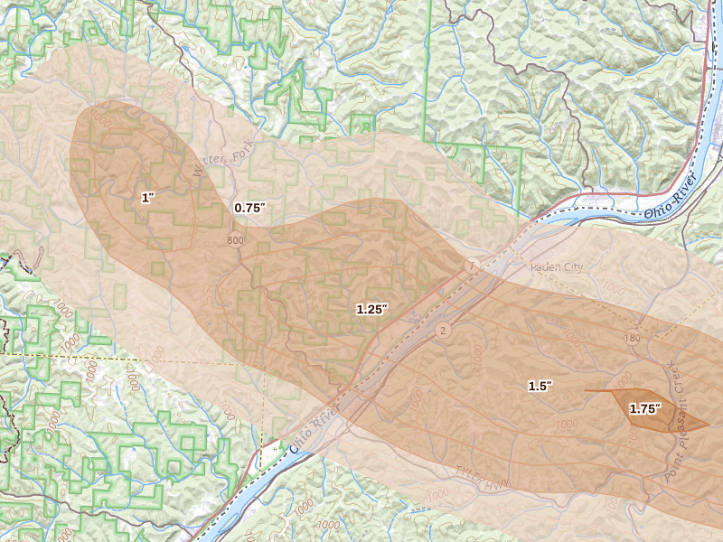 Radar-estimated hail-size map of the storm over New Matamoras, OH on Jul 21, 2026
