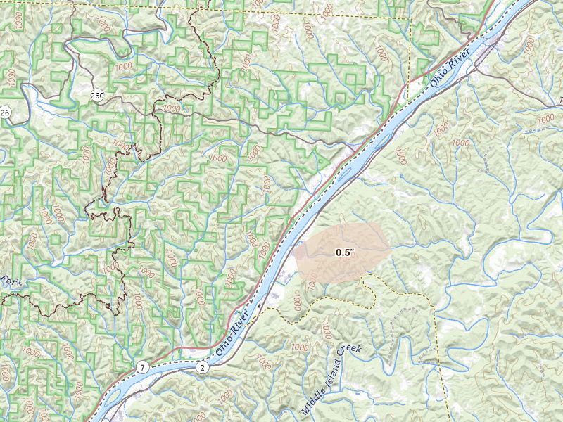 Radar-estimated hail-size map of the storm over New Matamoras, OH on Aug 8, 2026