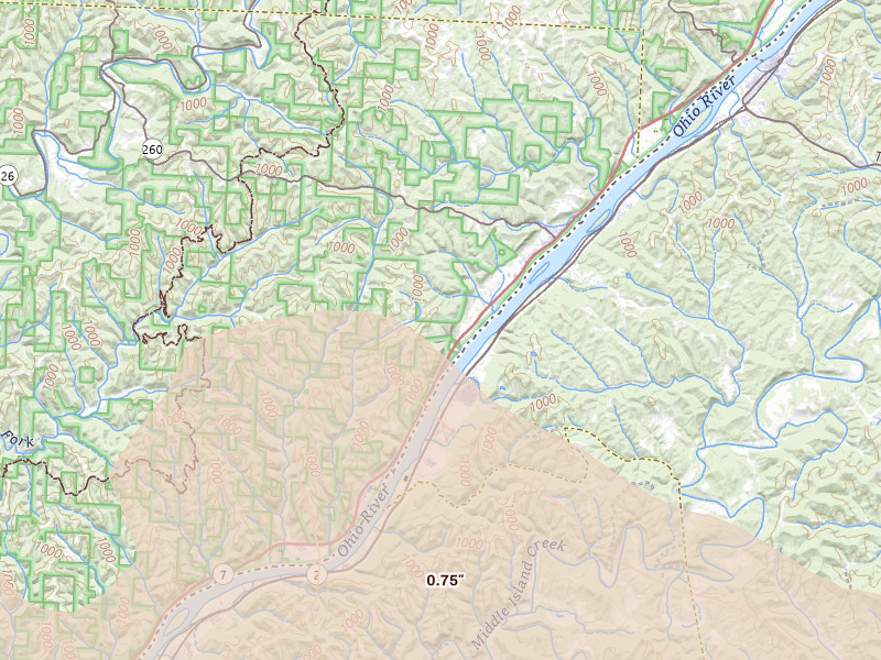 Radar-estimated hail-size map of the storm over New Matamoras, OH on Aug 10, 2026