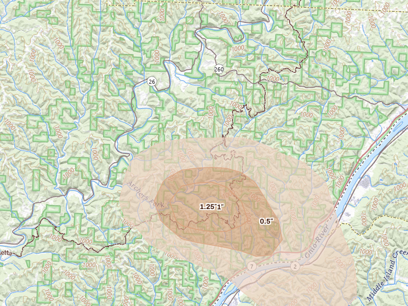 Radar-estimated hail-size map of the storm over New Matamoras, OH on Sep 3, 2026