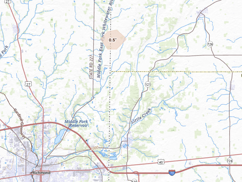 Radar-estimated hail-size map of the storm over New Paris, OH on Mar 22, 2026