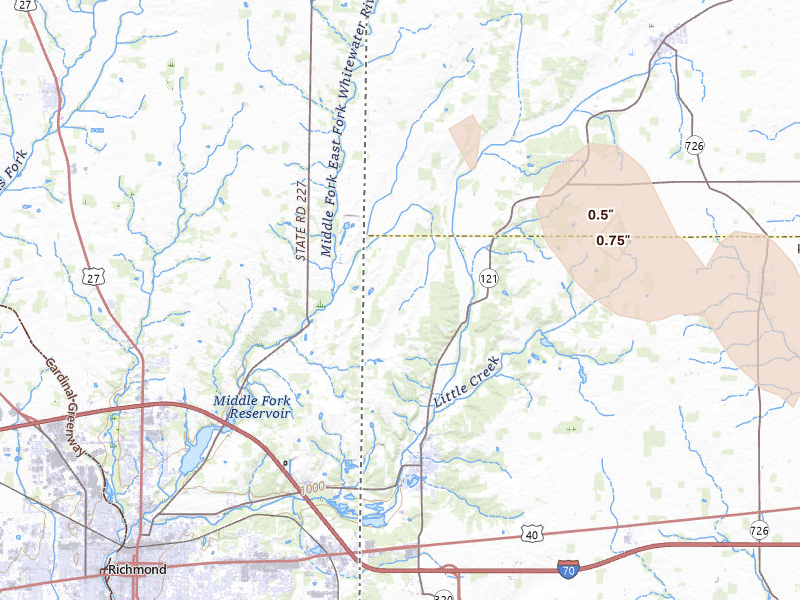 Radar-estimated hail-size map of the storm over New Paris, OH on Jun 6, 2026