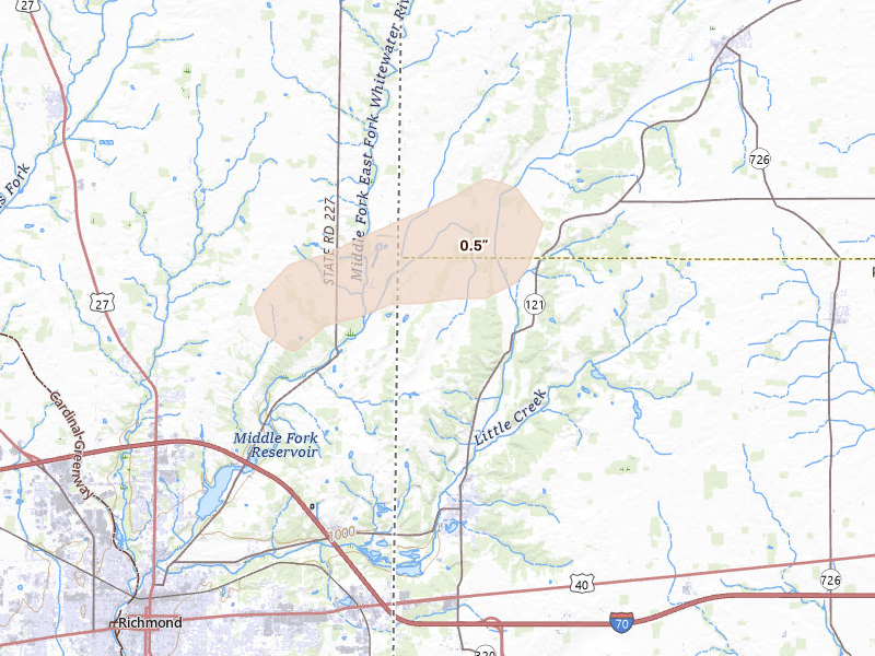 Radar-estimated hail-size map of the storm over New Paris, OH on Jul 3, 2026