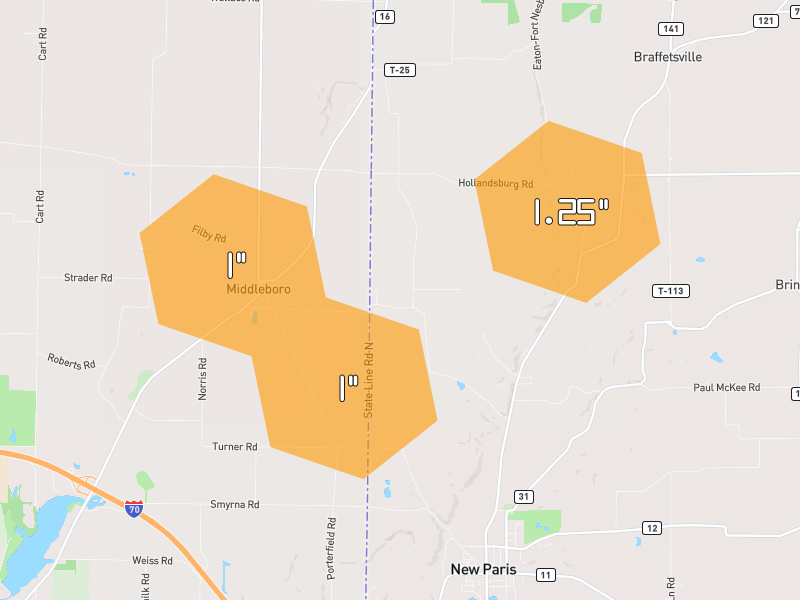 Hail map of New Paris, OH on Jul 3, 2026, hail up to 1.25"