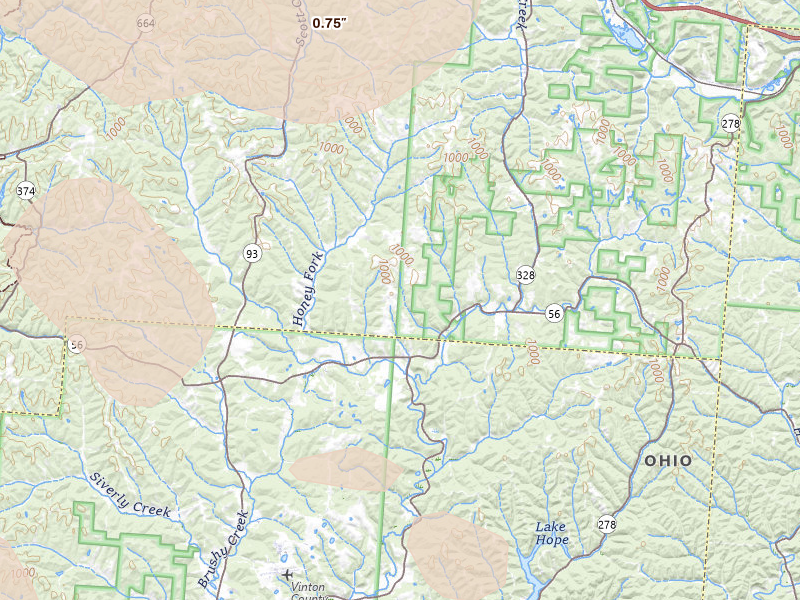 Radar-estimated hail-size map of the storm over New Plymouth, OH on Aug 11, 2026