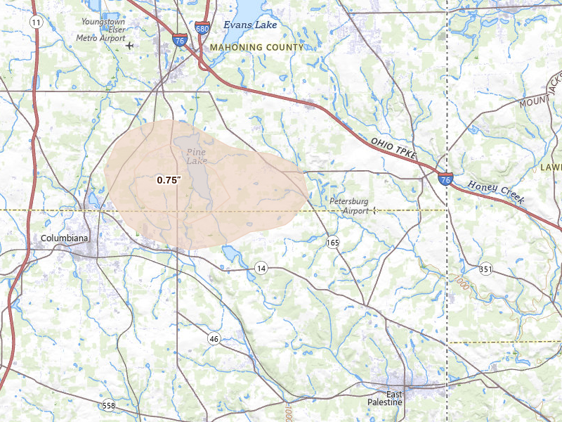Radar-estimated hail-size map of the storm over New Springfield, OH on Jul 3, 2026