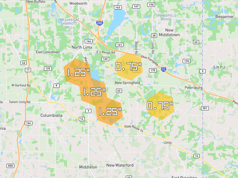 Hail map of New Springfield, OH on Jul 4, 2026, hail up to 1.25"
