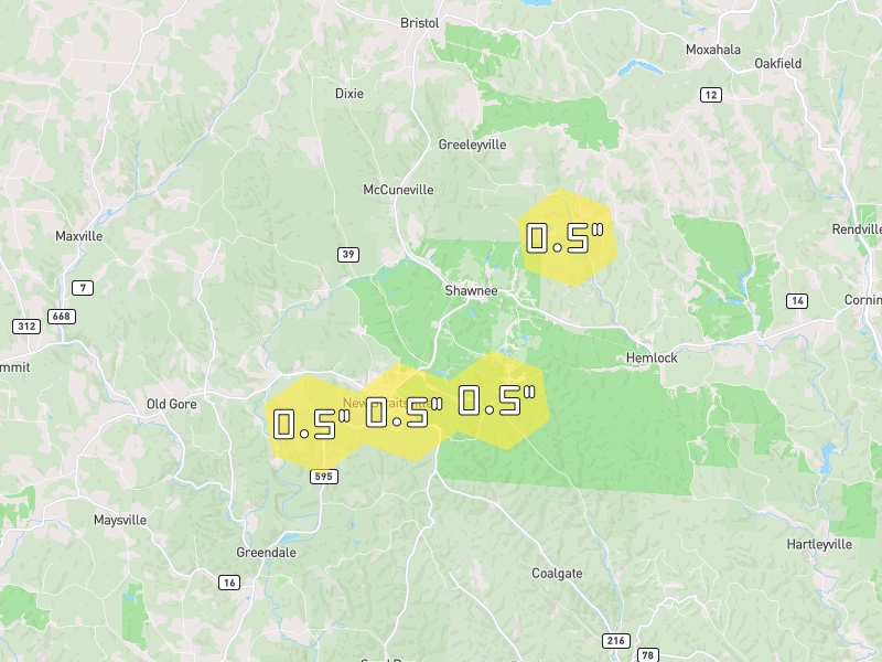 Hail map of New Straitsville, OH on Jul 21, 2026, hail up to 0.5"