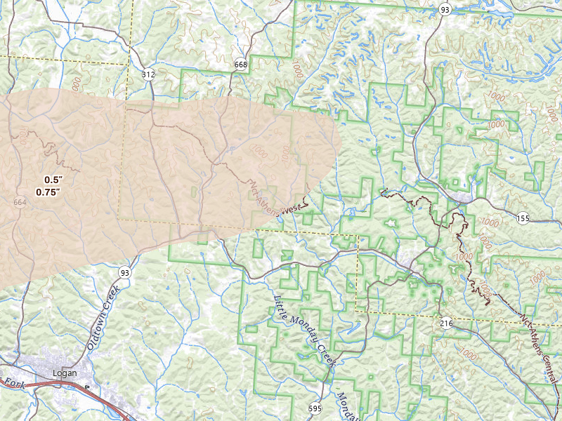 Radar-estimated hail-size map of the storm over New Straitsville, OH on Aug 9, 2026