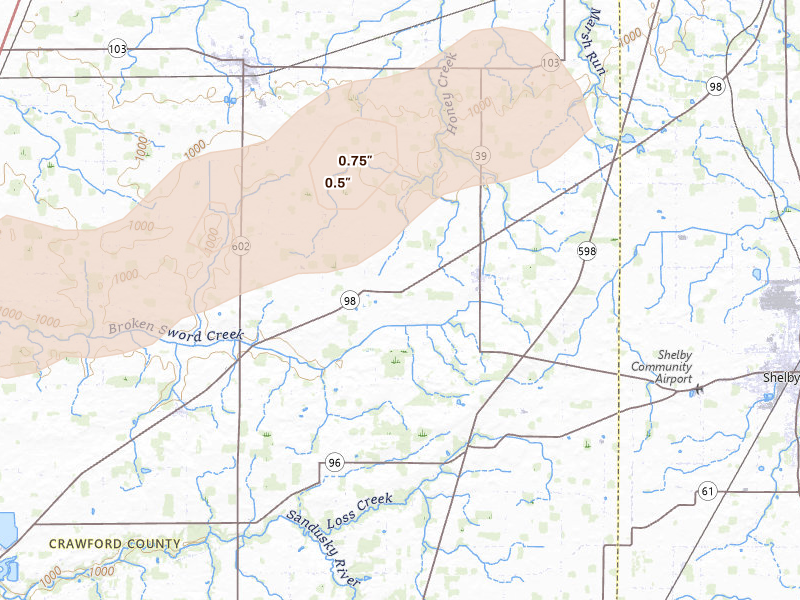 Radar-estimated hail-size map of the storm over New Washington, OH