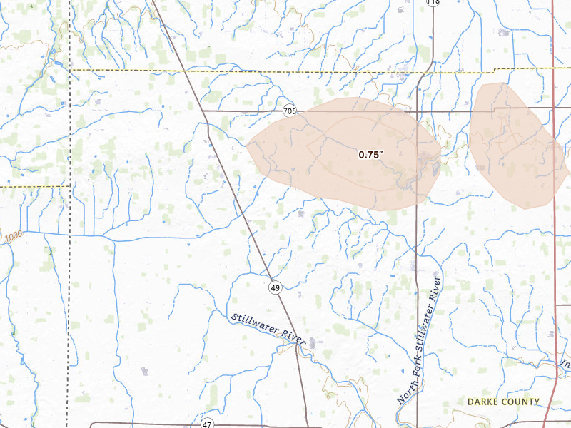 Radar-estimated hail-size map of the storm over New Weston, OH on Jun 6, 2026