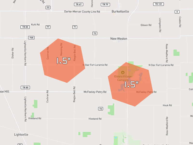 Hail map of New Weston, OH on Jun 6, 2026, hail up to 1.5"