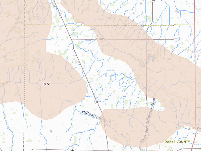 Radar-estimated hail-size map of the storm over New Weston, OH on Aug 11, 2026