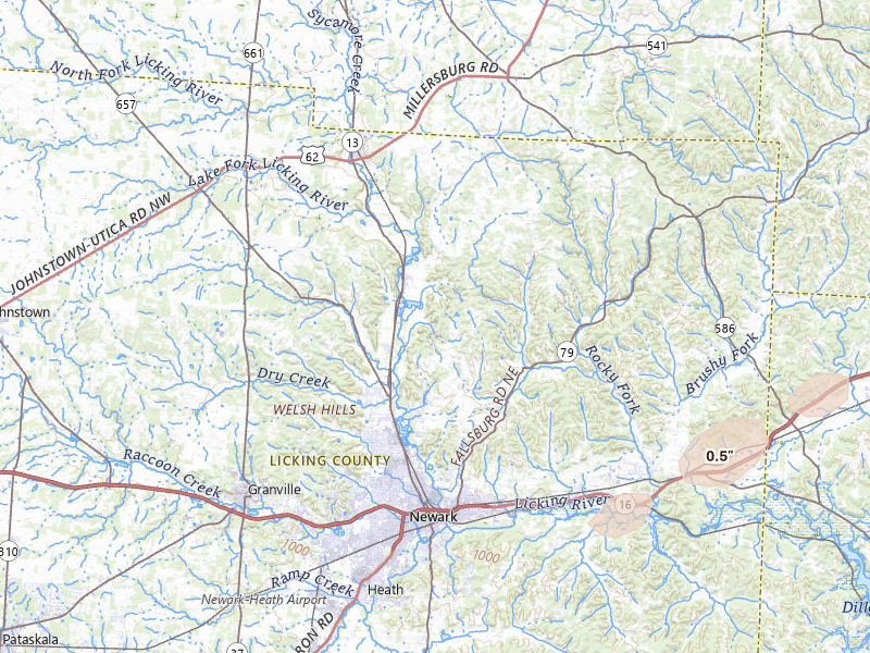 Radar-estimated hail-size map of the storm over Newark, OH on Mar 7, 2026