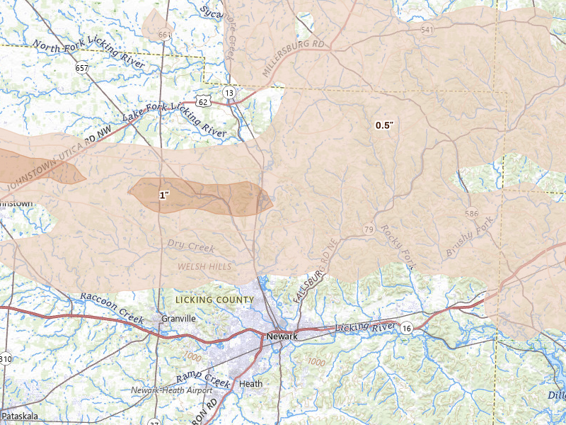 Radar-estimated hail-size map of the storm over Newark, OH on Mar 22, 2026