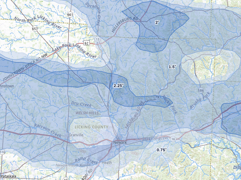 NEXRAD radar-signature map of the hail storm over Newark, OH on Mar 22, 2026