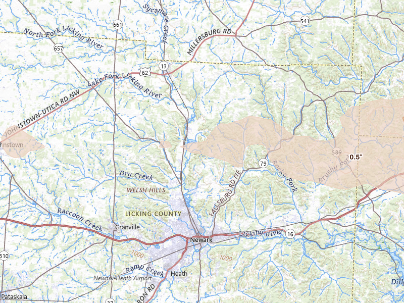 Radar-estimated hail-size map of the storm over Newark, OH on Jun 6, 2026