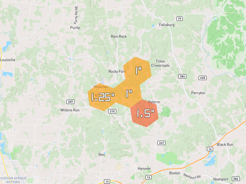 Hail map of Newark, OH on Jun 6, 2026, hail up to 1.5"
