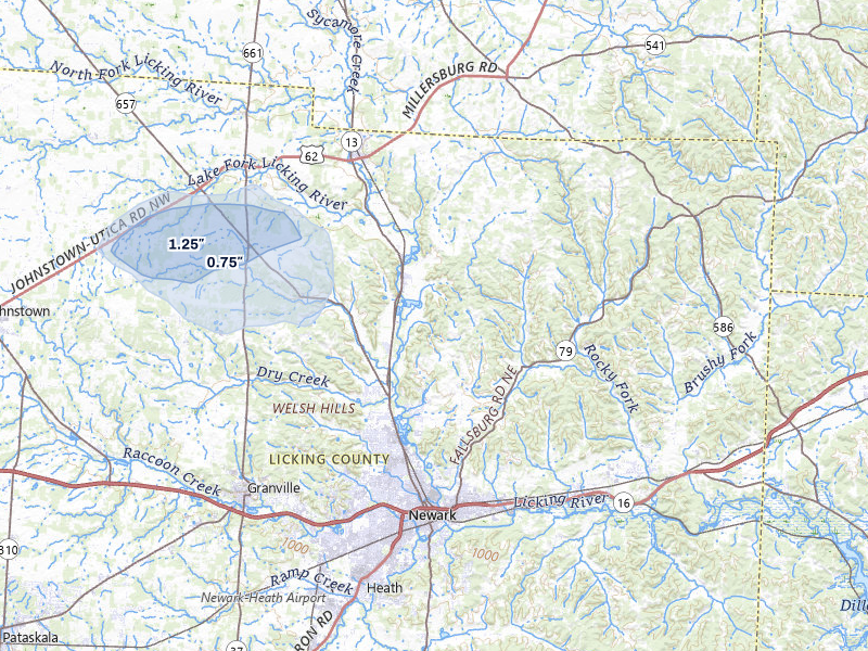 NEXRAD radar-signature map of the hail storm over Newark, OH on Jul 3, 2026