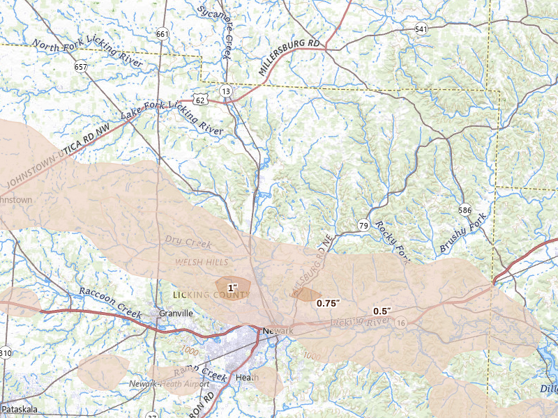 Radar-estimated hail-size map of the storm over Newark, OH on Jul 21, 2026