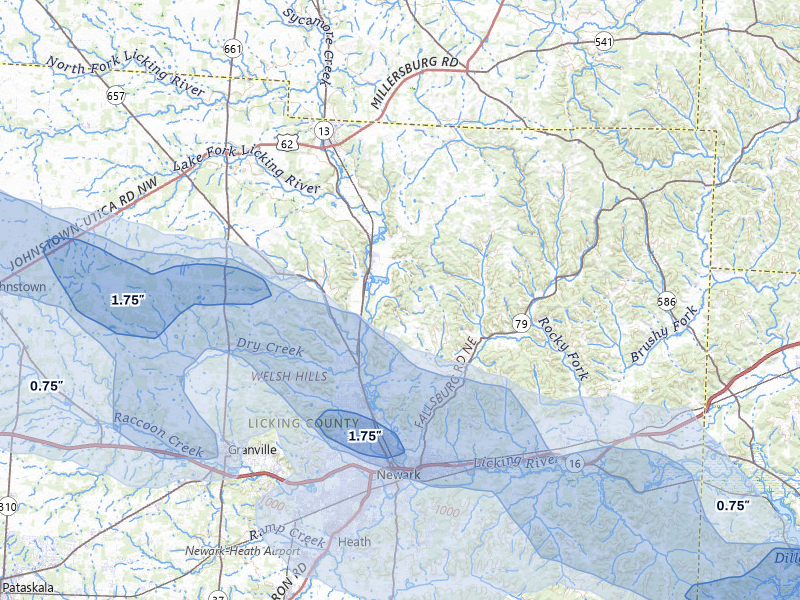 NEXRAD radar-signature map of the hail over Newark, OH