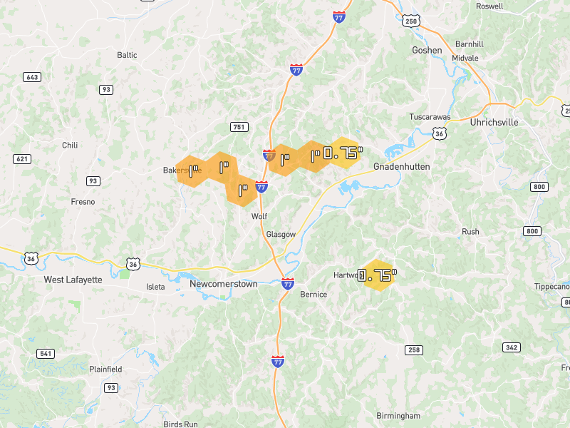 Hail map of Newcomerstown, OH on Jun 6, 2026, hail up to 1"