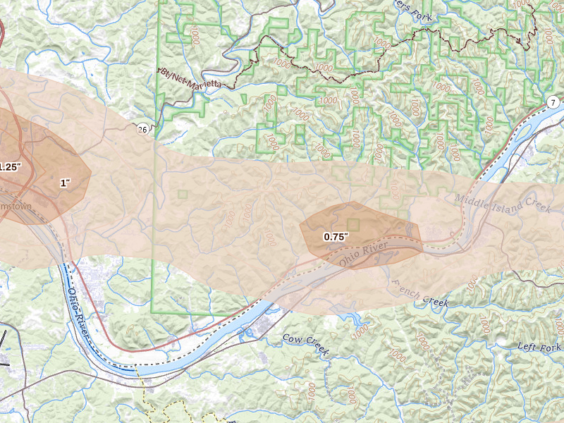 Radar-estimated hail-size map of the storm over Newport, OH on Apr 1, 2026