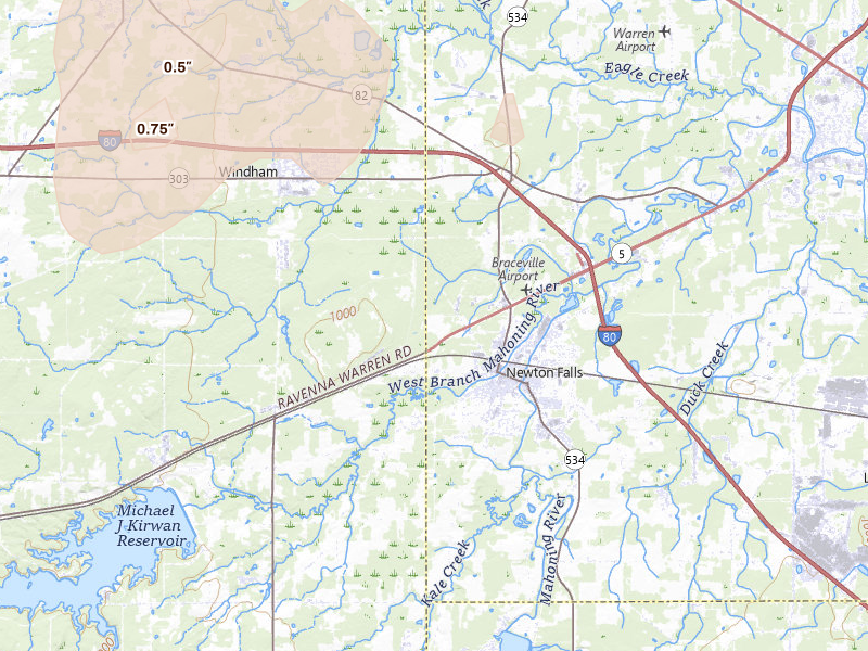 Radar-estimated hail-size map of the storm over Newton Falls, OH on Sep 3, 2026