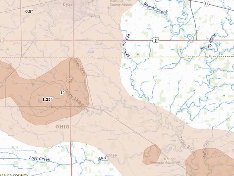 Radar-estimated hail-size map of the storm over Ney, OH on Mar 26, 2026