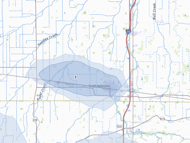 NEXRAD radar-signature map of the hail storm over North Baltimore, OH on Jul 3, 2026