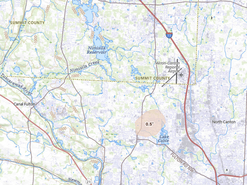 Radar-estimated hail-size map of the storm over North Canton, OH on Jul 3, 2026