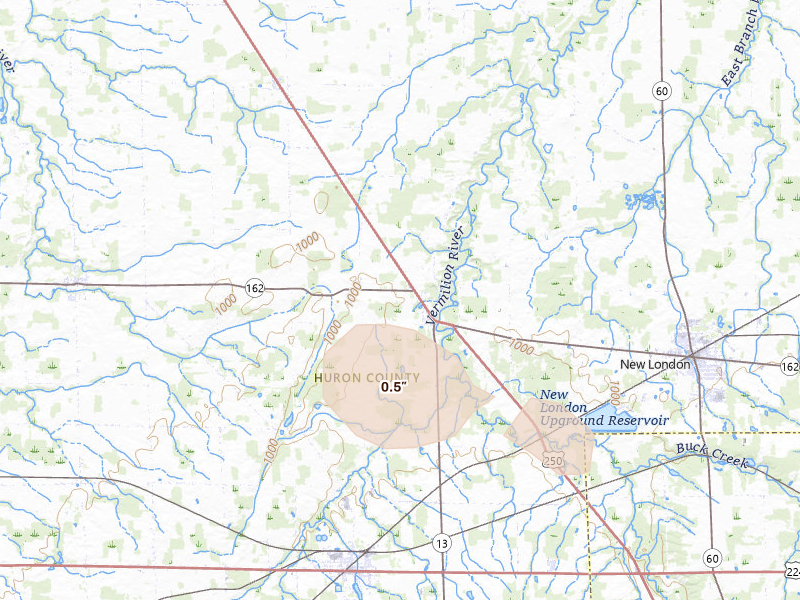 Radar-estimated hail-size map of the storm over North Fairfield, OH on Aug 10, 2026