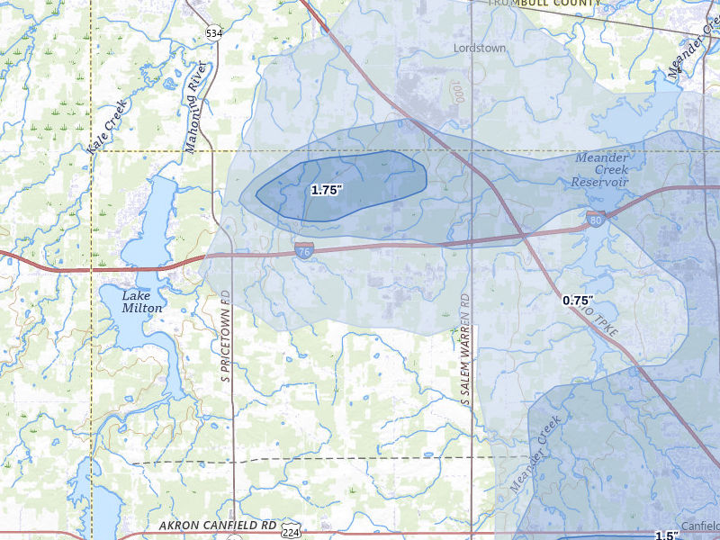NEXRAD radar-signature map of the hail over North Jackson, OH