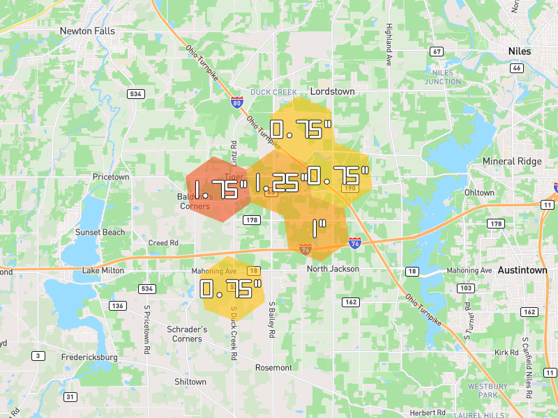 Hail map of North Jackson, OH on Jul 4, 2026, hail up to 1.75"