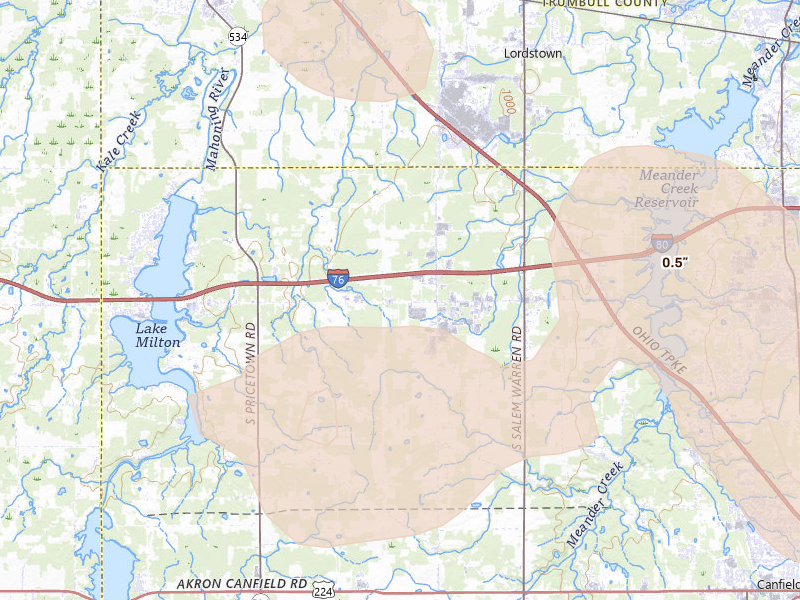 Radar-estimated hail-size map of the storm over North Jackson, OH on Jul 5, 2026