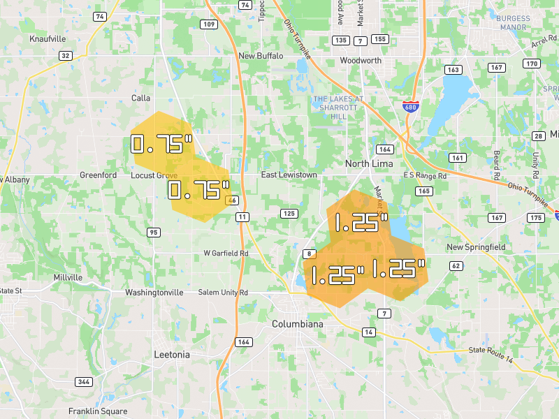 Hail map of North Lima, OH on Jul 4, 2026, hail up to 1.25"